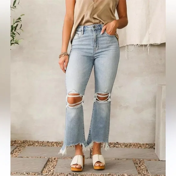 Hidden high rise crop cut off flare medium wash Distressed Jeans - Picture 1 of 6